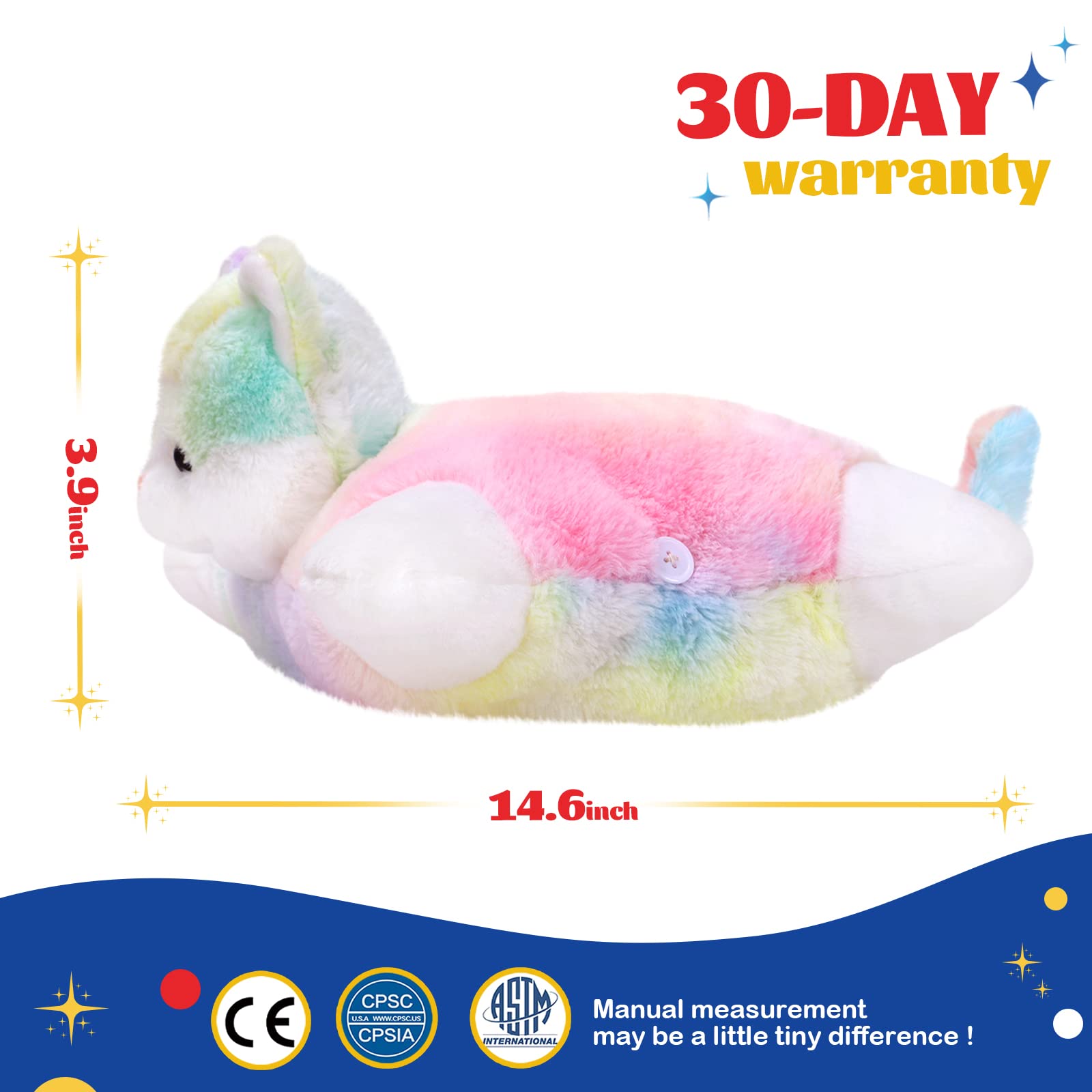 Glow Guards 16' Rainbow Cat Plush Pillow,Cute Kitty Stuffed Animal Soft Lovely Colorful Toy,Bedtime Sofa Decors,Christmas Birth