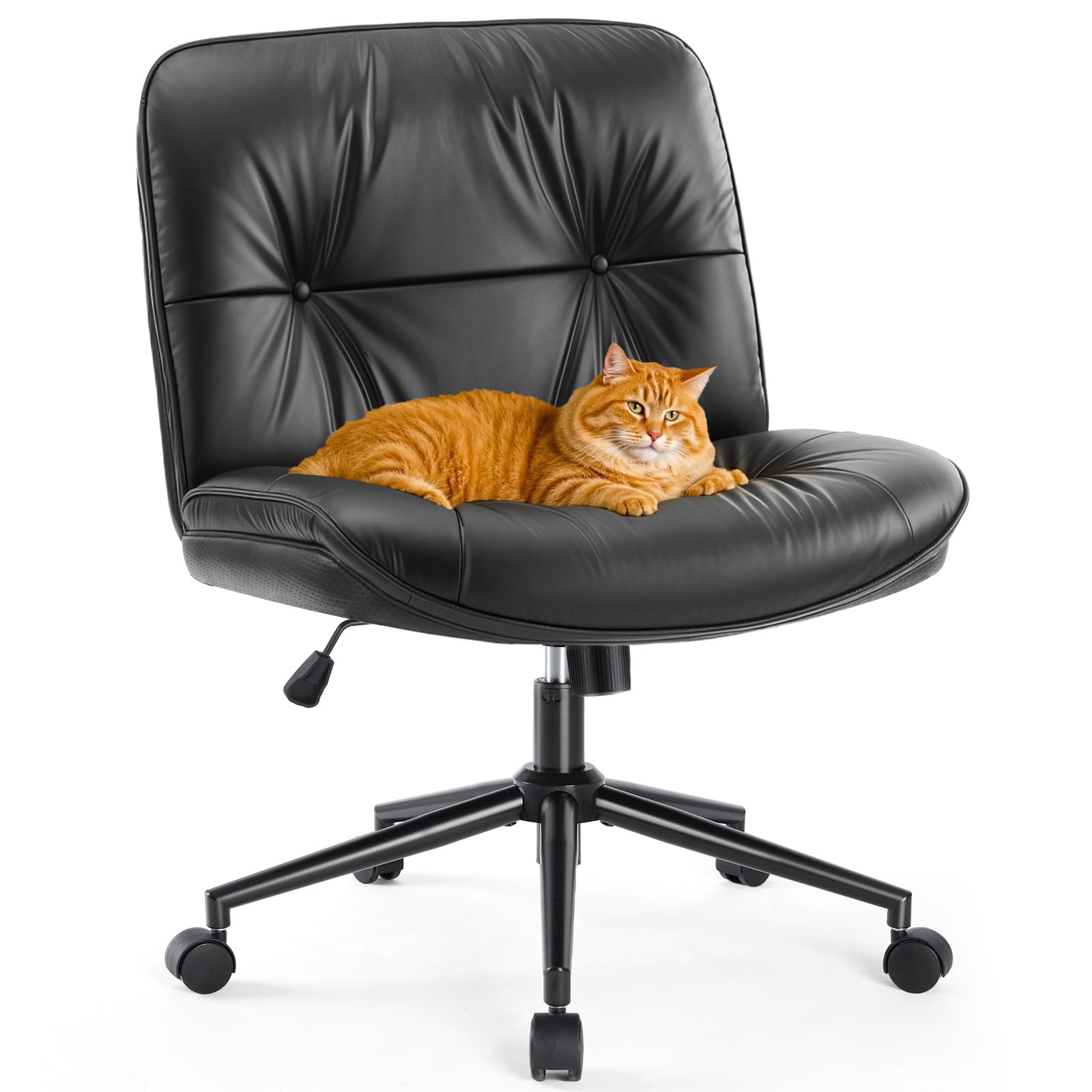 Sweetcrispy Criss Cross Armless Office Chair - PU Leather Adjustable Swivel Wide Seat with Thick Padding, Ergonomic Rolling Comp