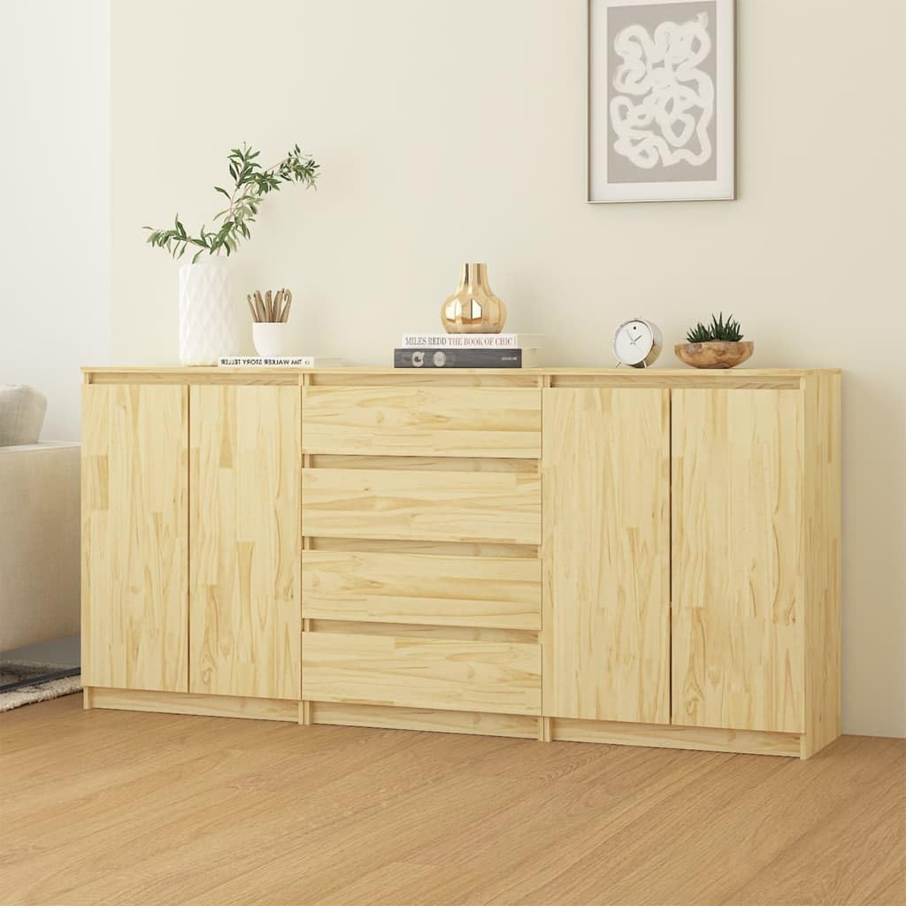 vidaXL 3X Solid Pinewood Side Cabinets Home Indoor Living Room Bedroom Office Wooden Bedside Buffet Storage Sideboard Cabinet Nightstand Furniture