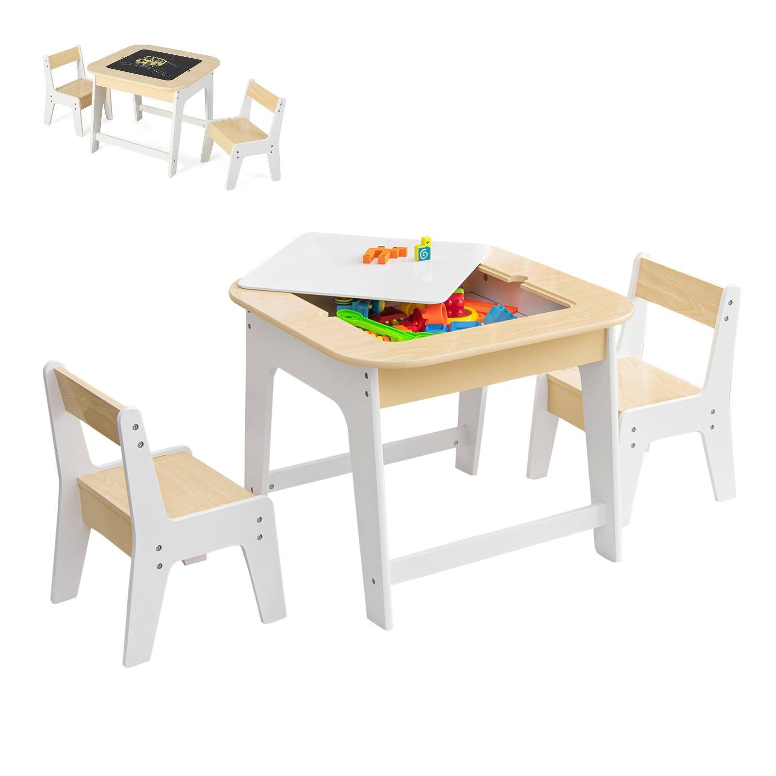 Costzon Kids Table and Chair Set, 3-in-1 Wooden Activity Table with Removable Tabletop, Blackboard & Whiteboard, Storage Space f