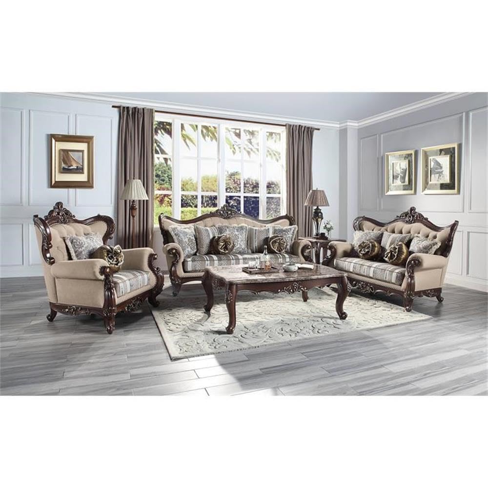 Acme Ragnar Sofa with 7 Pillows in Light Brown Fabric and Cherry