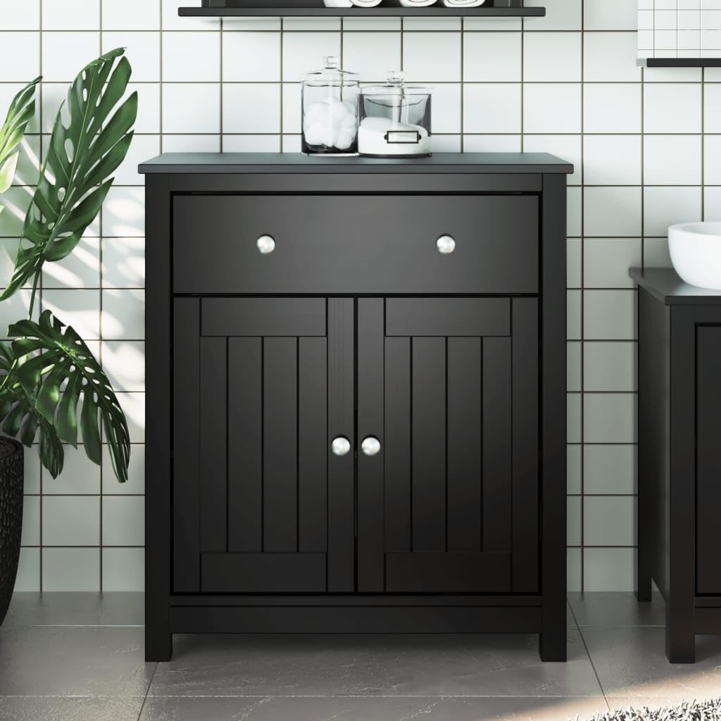 vidaXL Berg Black Bathroom Cabinet - Solid Pine Wooden Storage Unit with Drawer and Doors