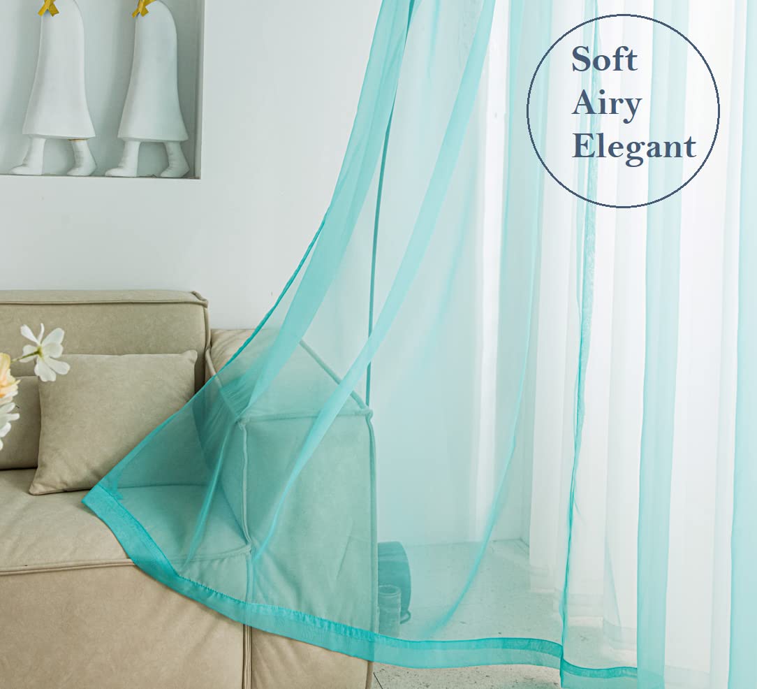 Pi Teal Sheer Short Curtains 63 Inches Long With Ring Top,See Through Sheer Voile Window Treatment For Study Room/Kitchen 2 Panels (W42 X L63, Lake Blue)