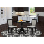 East West Furniture DMMZ3-AB6-06 3 Piece Modern Dining Table Set Contains a Round Wooden Table with Dropleaf and 2 Shitake Linen Fabric Parsons Dining Chairs, 42x42 Inch, Wirebrushed Black