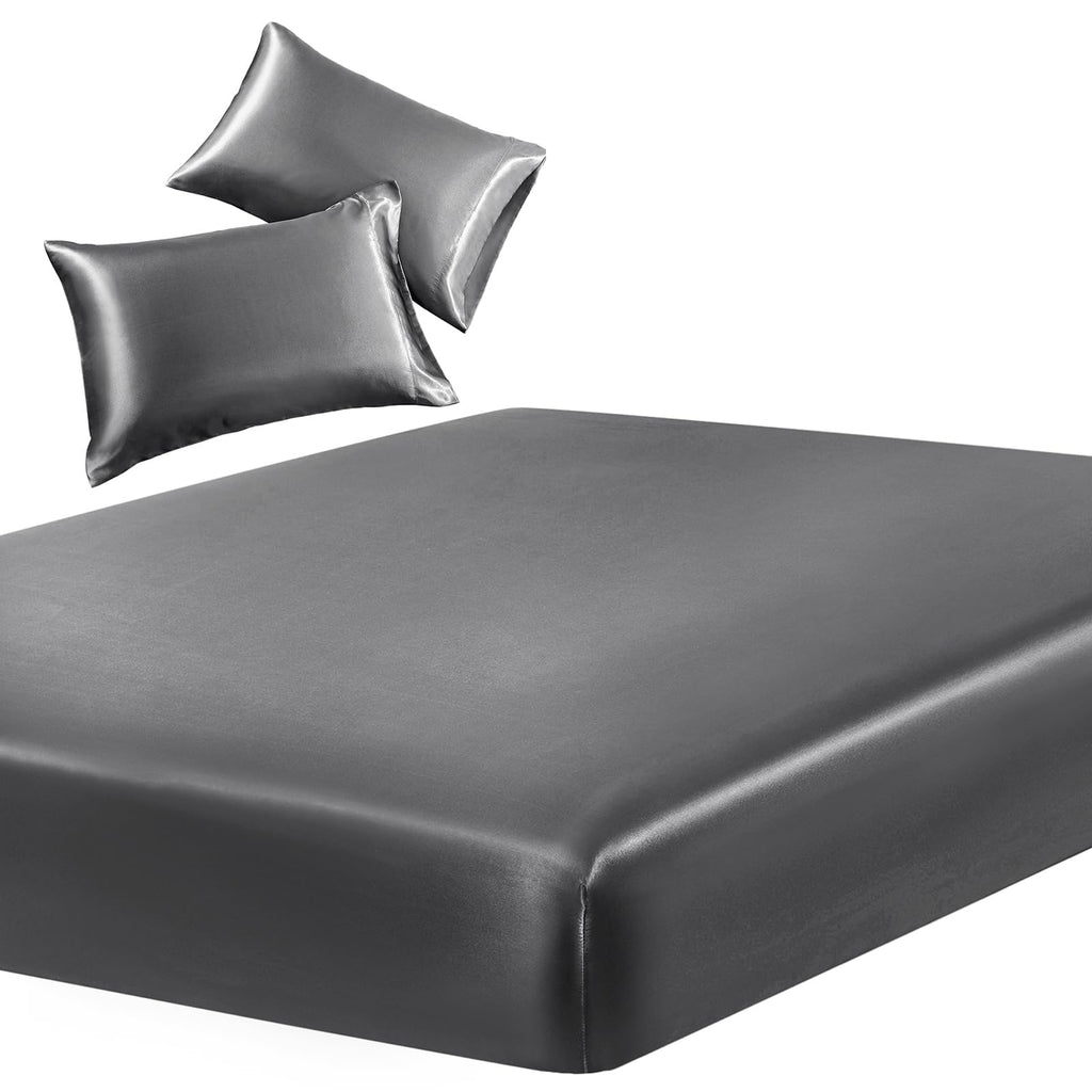 SiinvdaBZX 3-Piece Set Satin Twin XL Fitted Sheet & 2 Pillowcase, Grey Silky Soft Fitted Bottom Sheet Twin Extra Long Bed Sheets