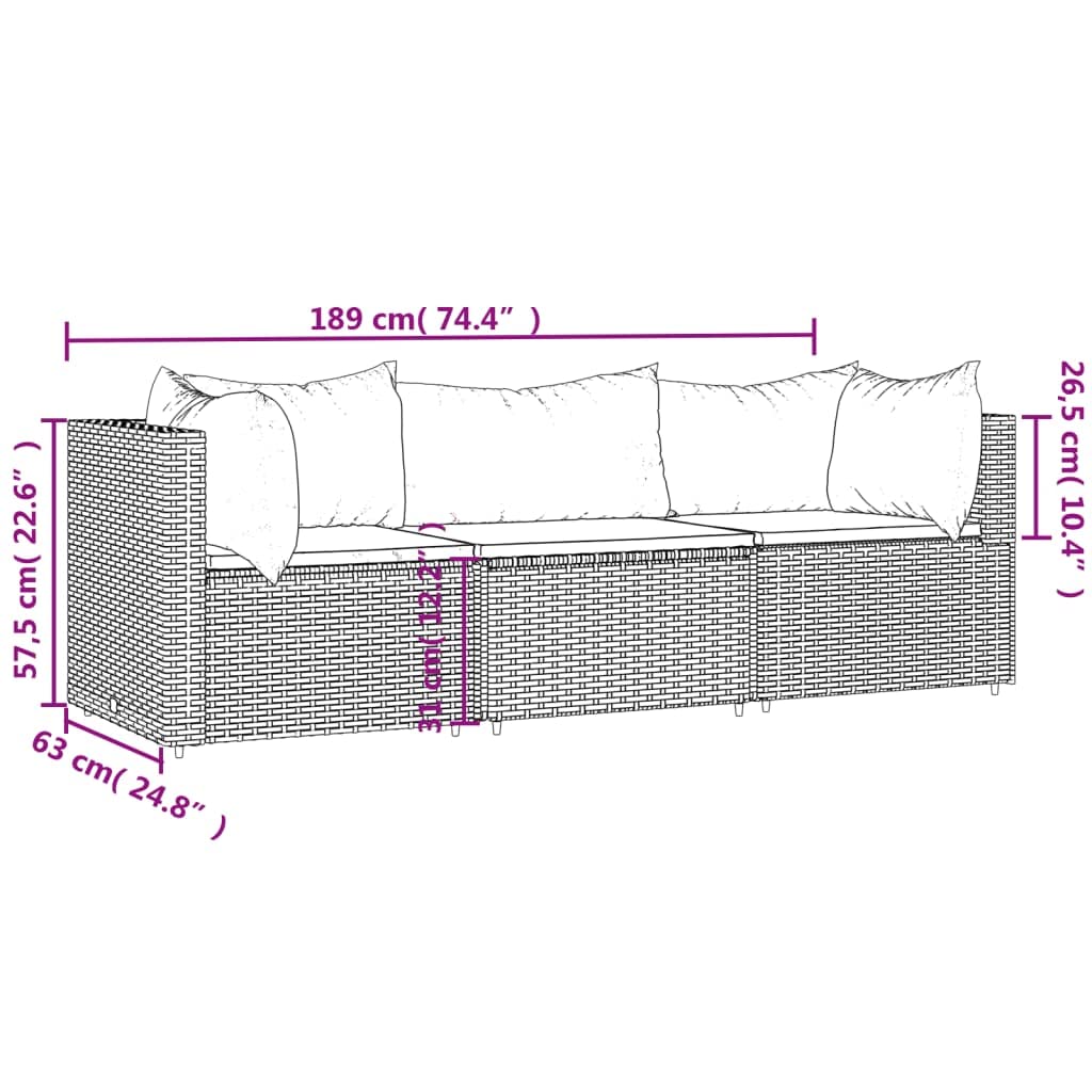 vidaXL Black Poly Rattan 3 Piece Patio Lounge Set with Water Blue Cushions - Outdoor Weather-Resistant Modular Sofa Set with Sturdy Powder-Coated Steel Frame