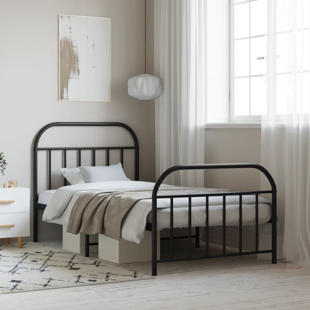 vidaXL Single Bed Frame - Durable Powder-Coated Steel with Headboard and Footboard - Extra Storage Space - Includes Metal Slats and Legs - Black