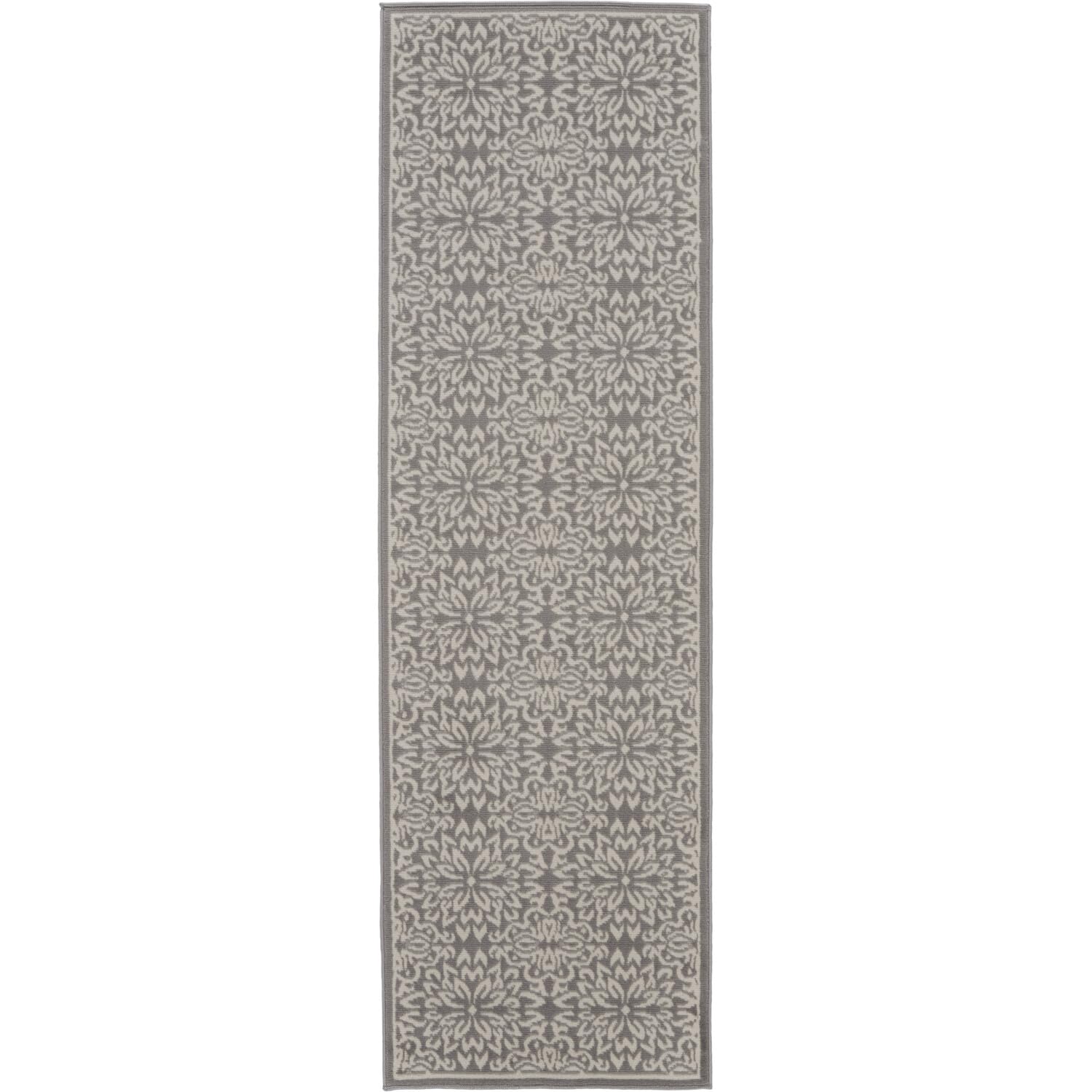 Nourison Jubilant Floral Ivory/Grey 86 x 12 Area-Rug, Easy-Cleaning, Non Shedding, Bed Room, Living Room, Dining Room, Kitch
