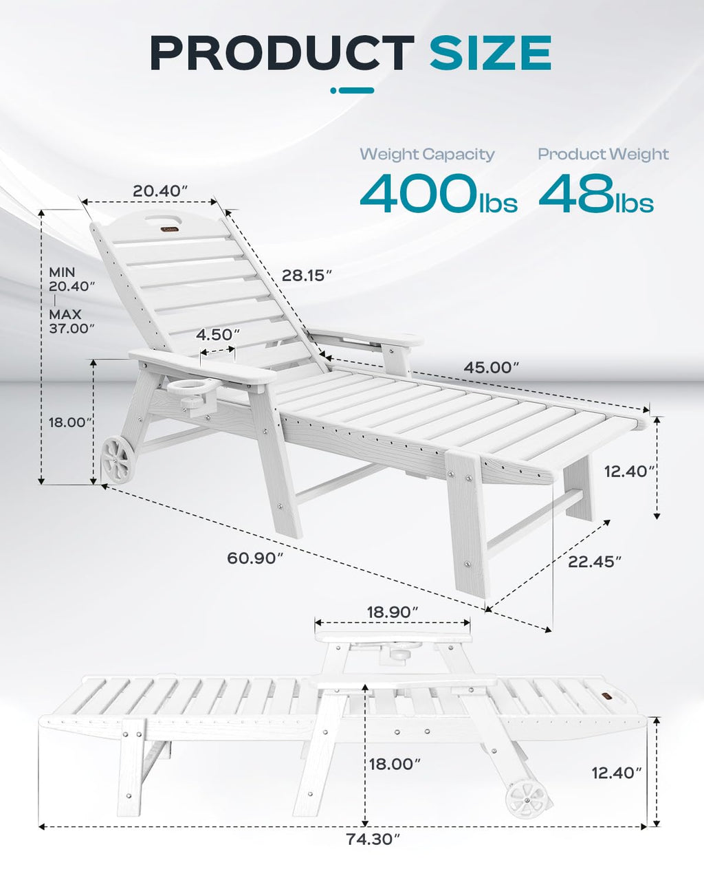 Lounge Chair Outdoor, Oversized Chaise Lounge Chair With 5 Positions, Hdpe, Patio Lounge Chair With Wheels & Cup Holder For Pool, Deck, Poolside, White