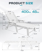 Lounge Chair Outdoor, Oversized Chaise Lounge Chair With 5 Positions, Hdpe, Patio Lounge Chair With Wheels & Cup Holder For Pool, Deck, Poolside, White