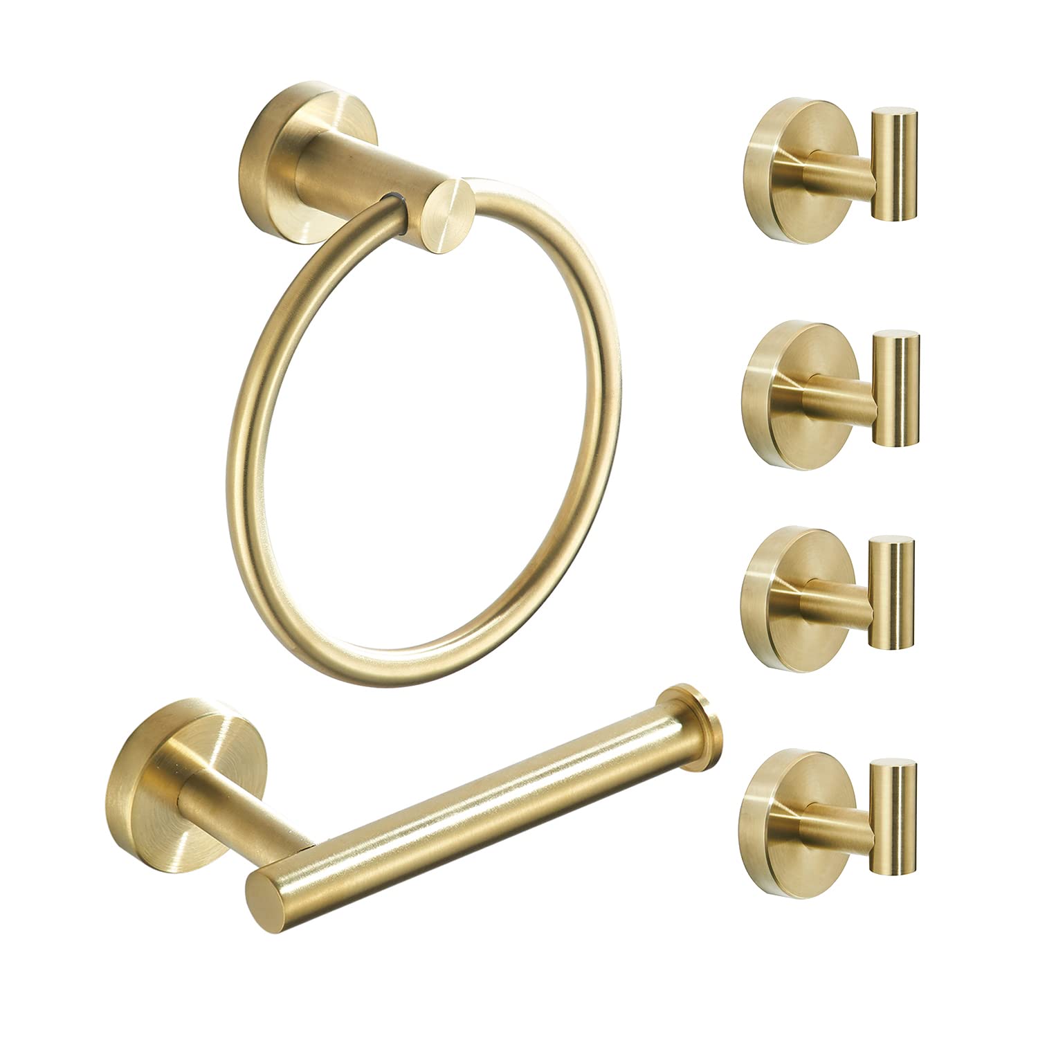 FAIRGIA Brushed Gold Bathroom Hardware Set, Gold Toilet Paper Holder Towel Ring and 4 Robe Hooks Hand Towel Holder Bathroom Acce