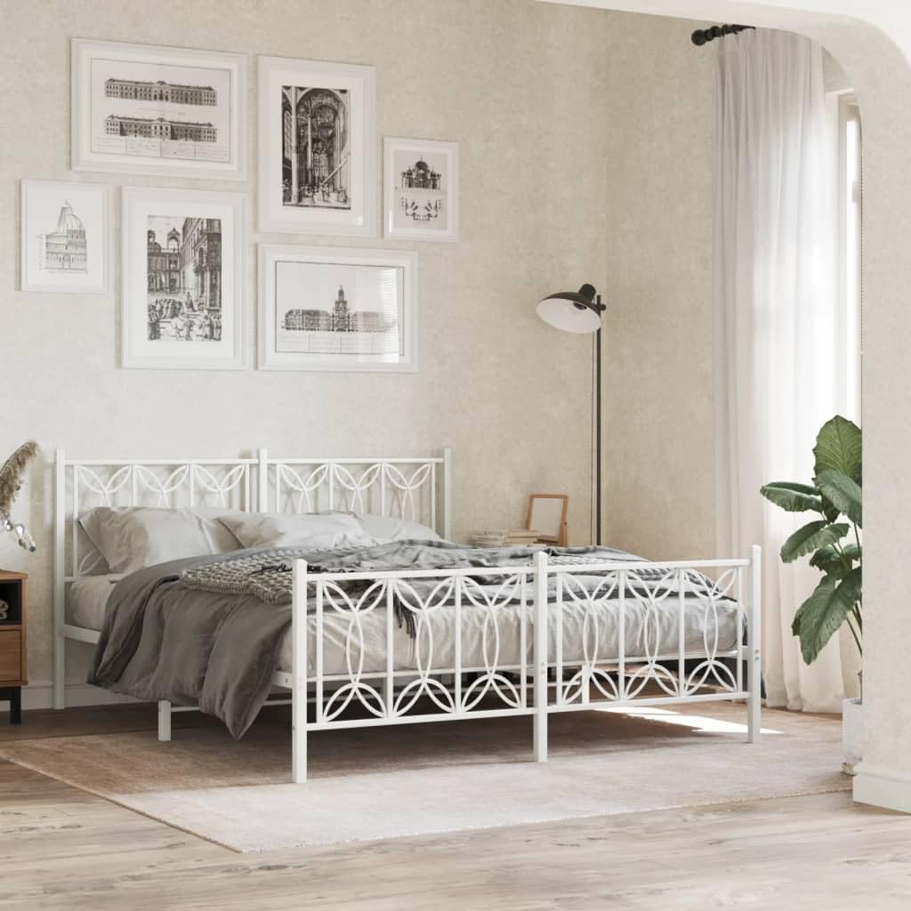 vidaXL Metal Bed Frame with Headboard/Footboard - Double Bed 59.1&quot;x78.7&quot; - Classic White Steel Mattress Support
