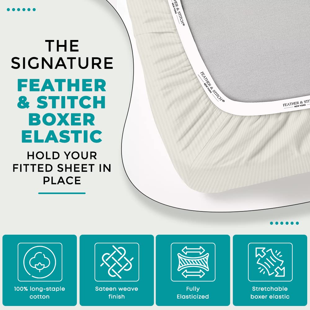 Feather & Stitch 100% Cotton 1 Piece Damask Stripe Full Fitted Sheet 500 Thread Count Beige 18 Inch Extra Deep Pocket Luxury Sateen Weave Stretchable Boxer Elastic Fits Mattress Perfectly