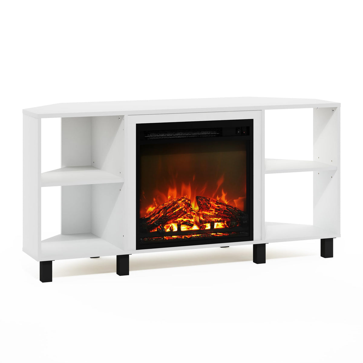 Furinno Jensen Corner Fireplace Tv Stand With 4 Open Compartments For Tv Up To 55 Inches, Solid White