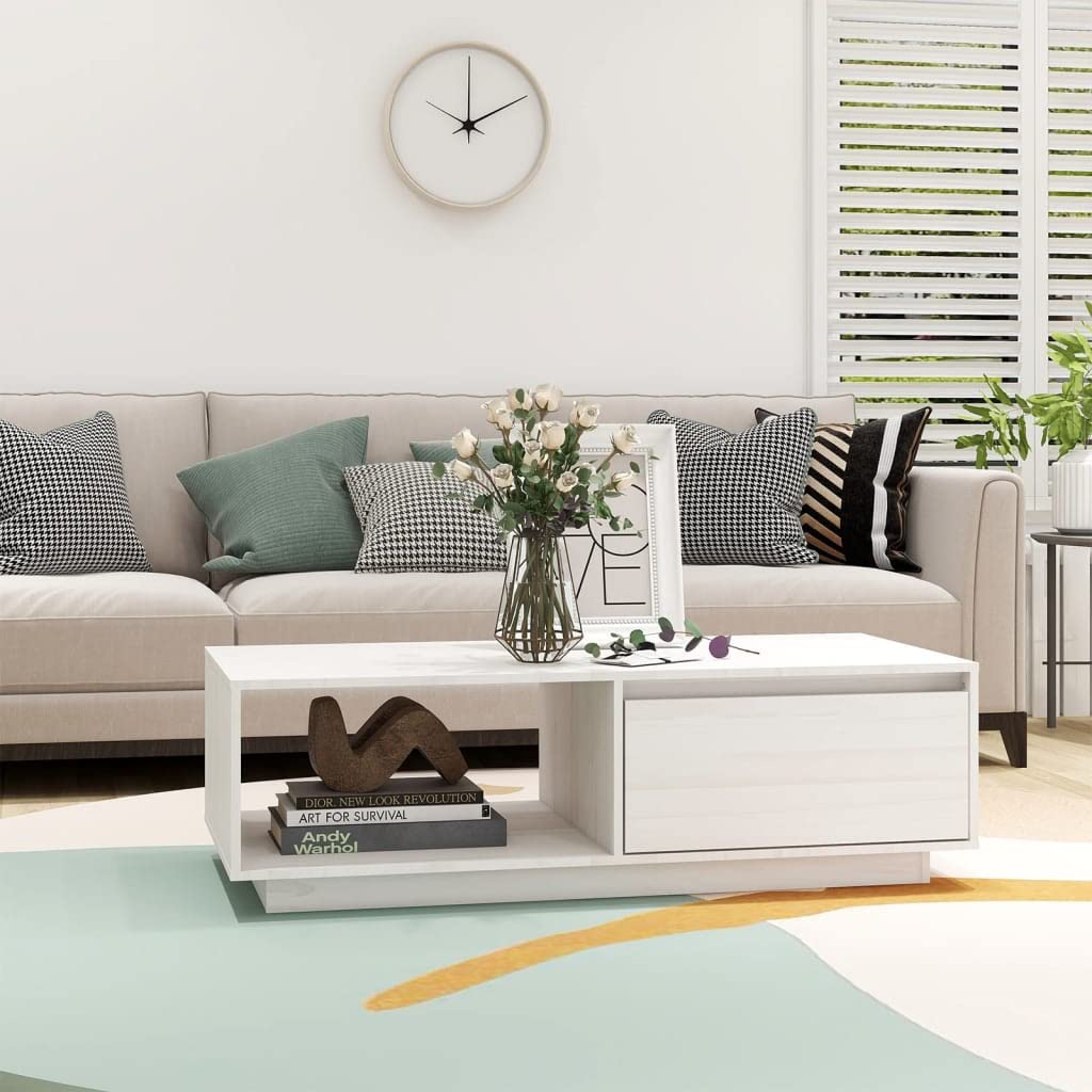 vidaXL Solid Pinewood Coffee Table Home Indoor Living Room Dining Room Wooden Storage Accent Side Sofa Couch End Tea Table Furniture White