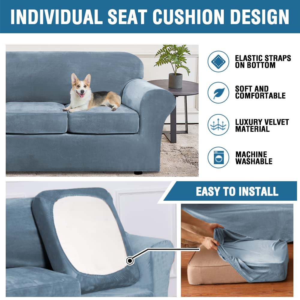 H.Versailtex Modern Velvet Plush 4 Piece High Stretch Sofa Slipcover Sofa Cover Furniture Protector Form Fit Luxury Thick Velvet Extra Large Sofa Cover For 3 Cushion Couch (Xl Sofa, Stone Blue)