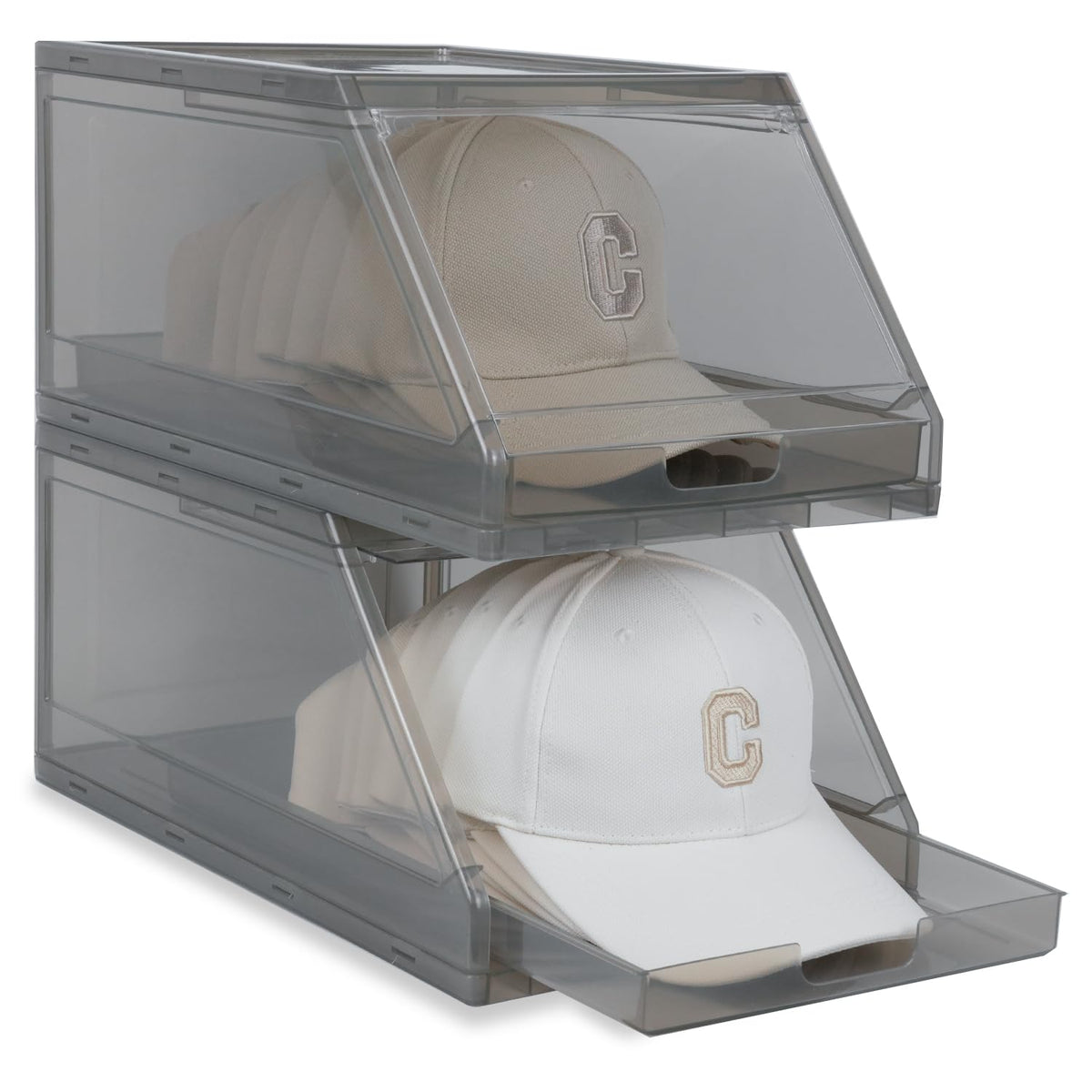 PALORA 2 Pack Stackable Hat Organizer Box | Clear Baseball Cap Storage Container with Sliding Tray | Dustproof, Durable Hat Cap 