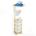 Gold Toilet Paper Holder Stand with Shelf, Freestanding Tissue Roll Holder, Holds 4 Mega Rolls and Extra Storage for Phone, Wipe