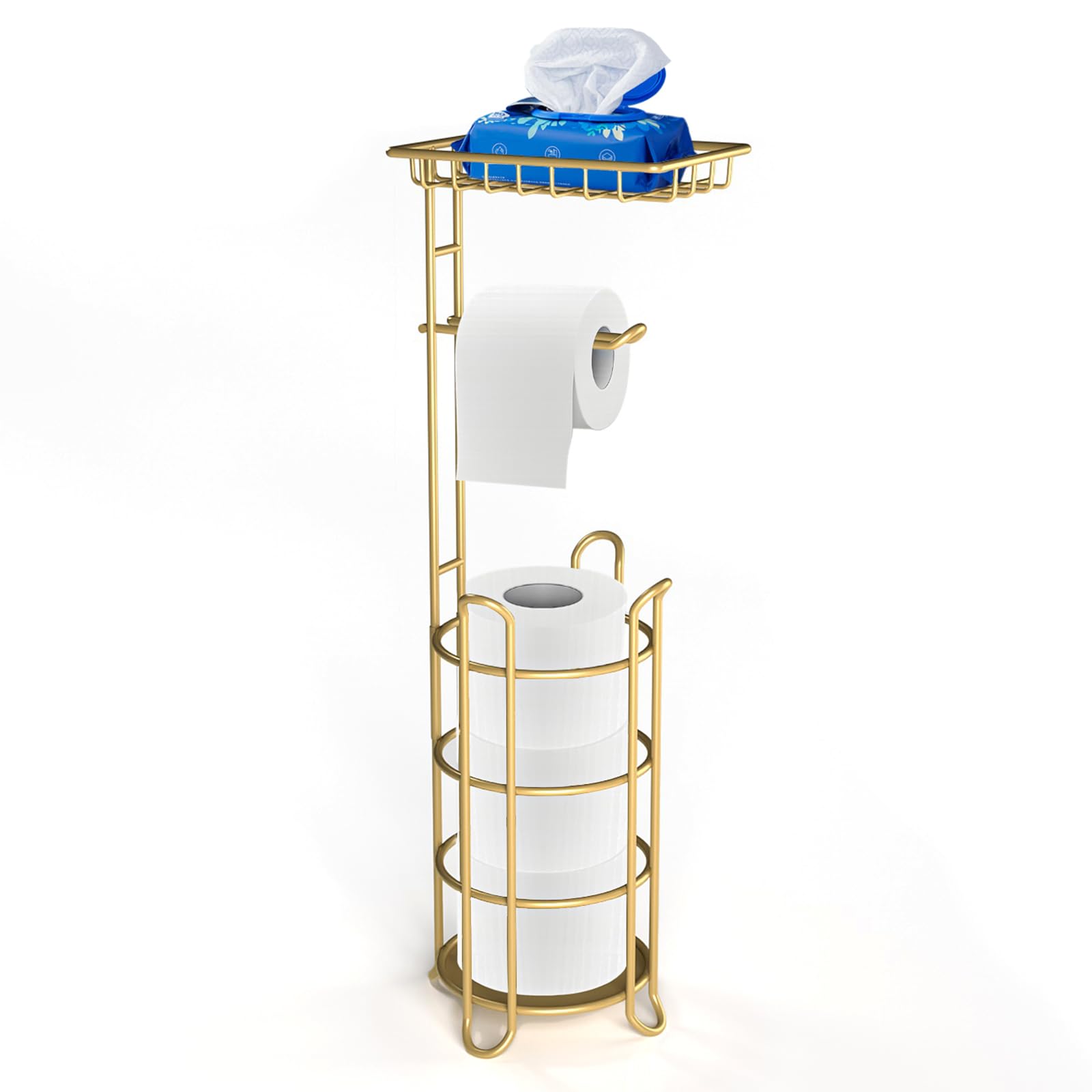 Gold Toilet Paper Holder Stand with Shelf, Freestanding Tissue Roll Holder, Holds 4 Mega Rolls and Extra Storage for Phone, Wipe