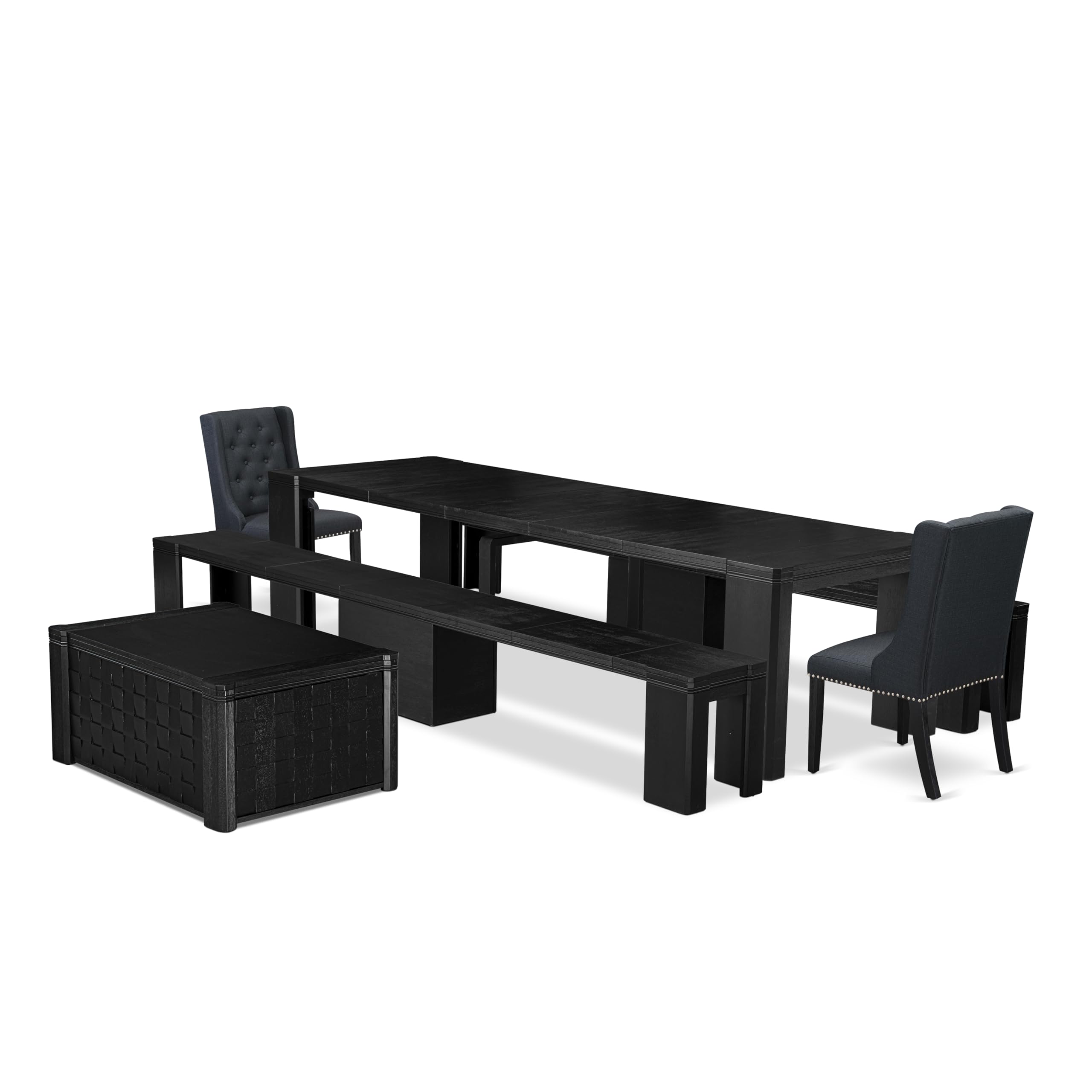 Luxe by East West Furniture - X02FO-2C6-24 - 5-piece Modern Dining Table Set a Rectangular Kitchen Table and 2 wooden Benches and 2 Black Linen Fabric Dining Chair, 39x120 Inch, Wire Brushed Black