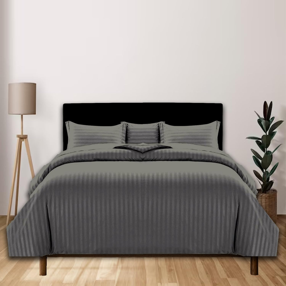 Ebeddy Linens Luxury Dark Grey Striped Duvet Cover Set Super King 108X98 Size Egyptian Cotton Luxury Soft & Breathable Comforter