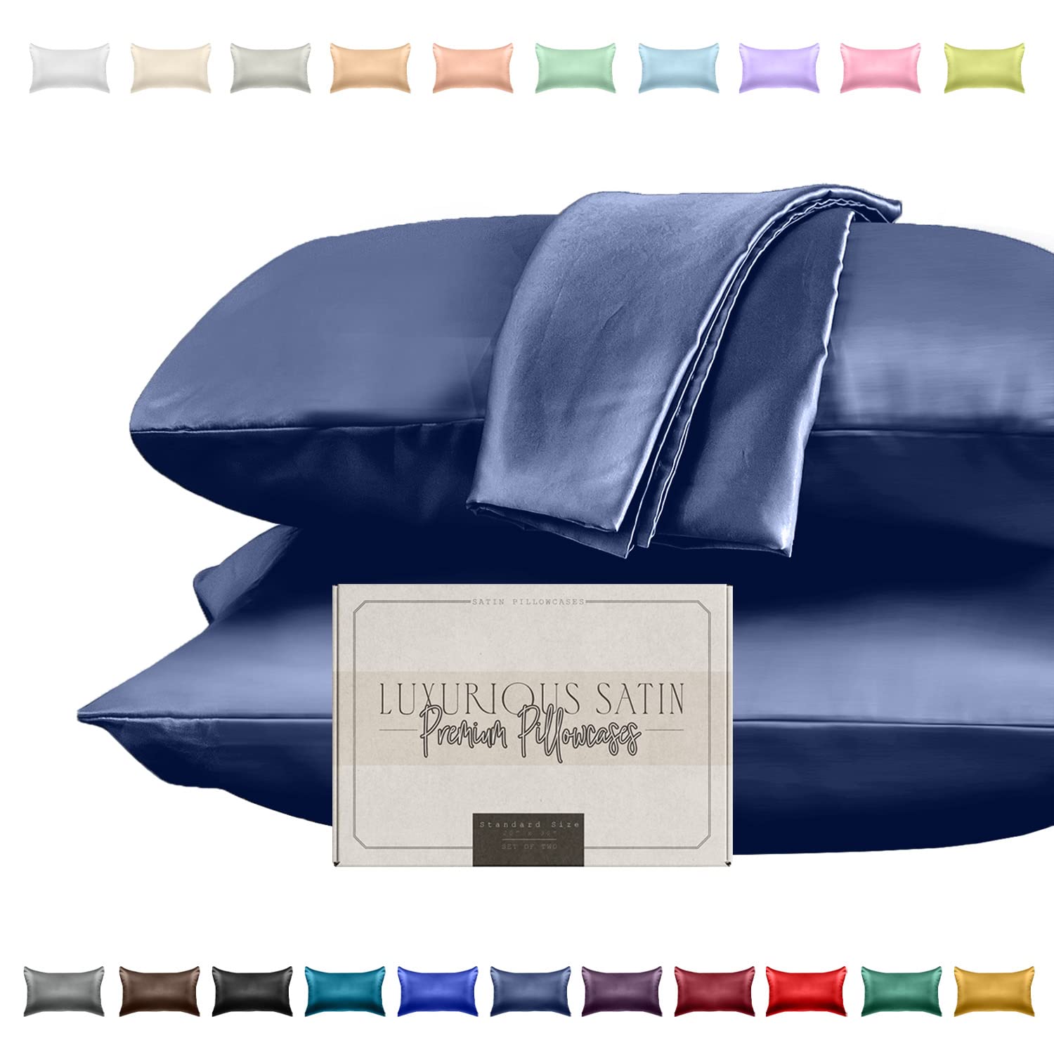 Elegant Comfort Silky And Luxurious 2-Piece Satin Pillowcase Set For Healthier Skin And Hair, Hidden Zipper Closure And Beautifully Packaged, Satin Pillowcase Set, Standard/Queen, Navy Blue