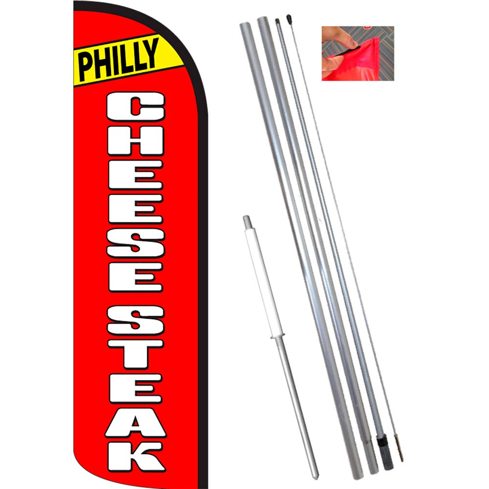 Philly Cheesesteak Windless Feather Flag Bundle (11.5' Tall Flag, 15' Tall Flagpole, Ground Mount Stake)