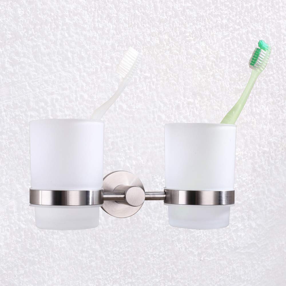 Double Toothbrush Holder, Angle Simple Sus304 Stainless Steel Wall Mounted Glass Tumbler Holder With Frosted Glass Cup Toothpast