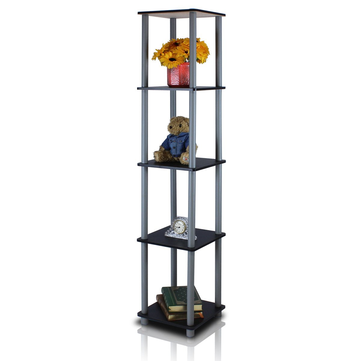 FURINNO Turn-N-Tube 5-Tier Corner Square Rack Display Shelf, Round, Black/Grey