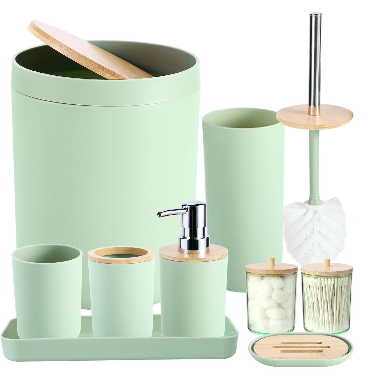 iMucci 9Pcs Pastel Green Bathroom Accessories Set - with Trash Can,Toilet Brush,Toothbrush Holder, Lotion Soap Dispenser, Soap D