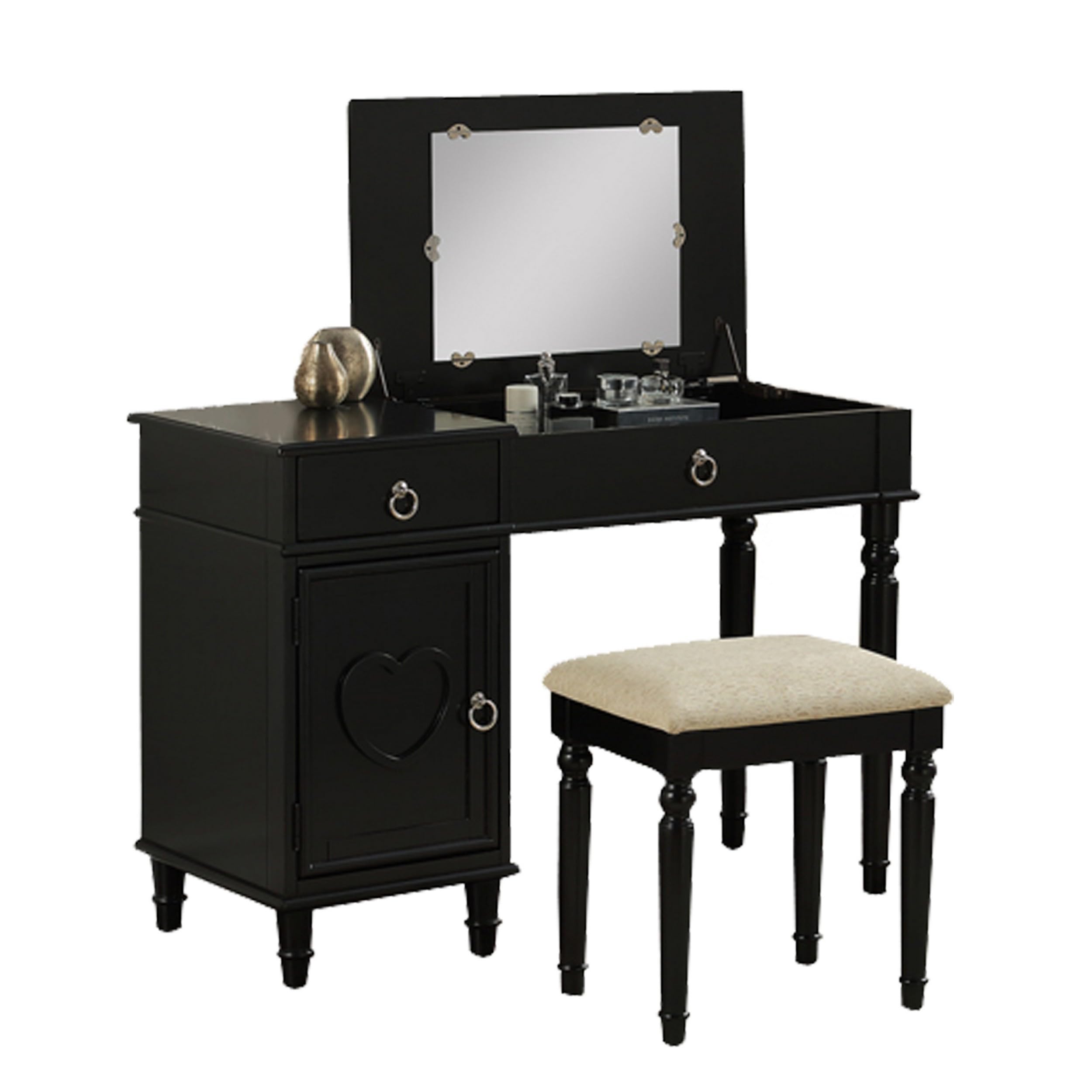 Benjara Benzara Seraph Featuring Stool And Mirror Black Vanity Set,