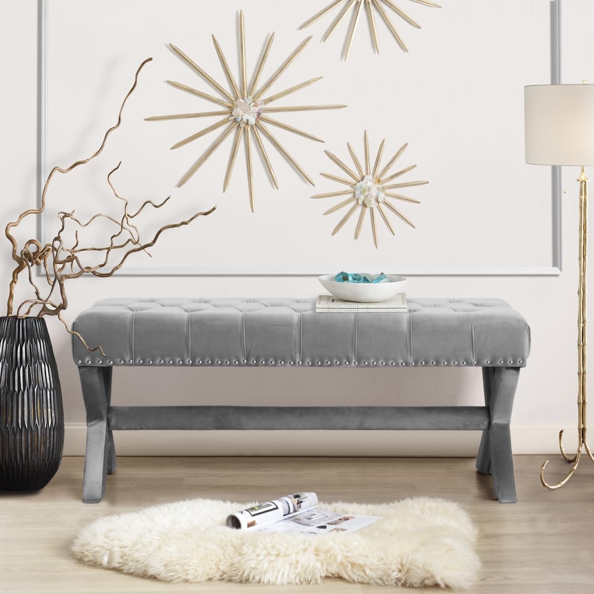 HomeRoots 490838 20 in. Upholstered Velvet Bedroom Bench Gray