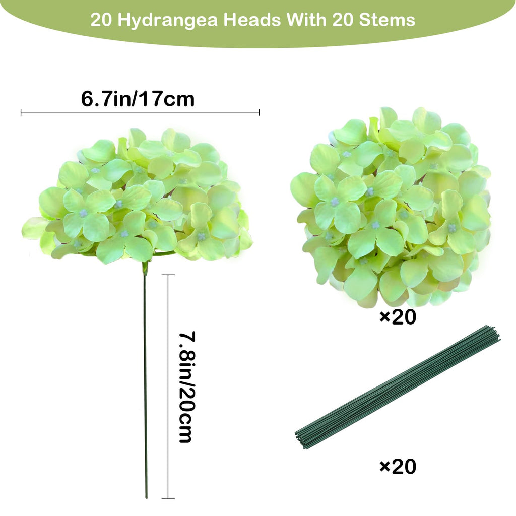 Cherica 20 Pcs Green Hydrangea Artificial Flowers Bulk, Faux Hydrangea Flowers Heads, Artificial Fake Silk Hydrangea Flowers Wit