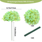 Cherica 20 Pcs Green Hydrangea Artificial Flowers Bulk, Faux Hydrangea Flowers Heads, Artificial Fake Silk Hydrangea Flowers Wit