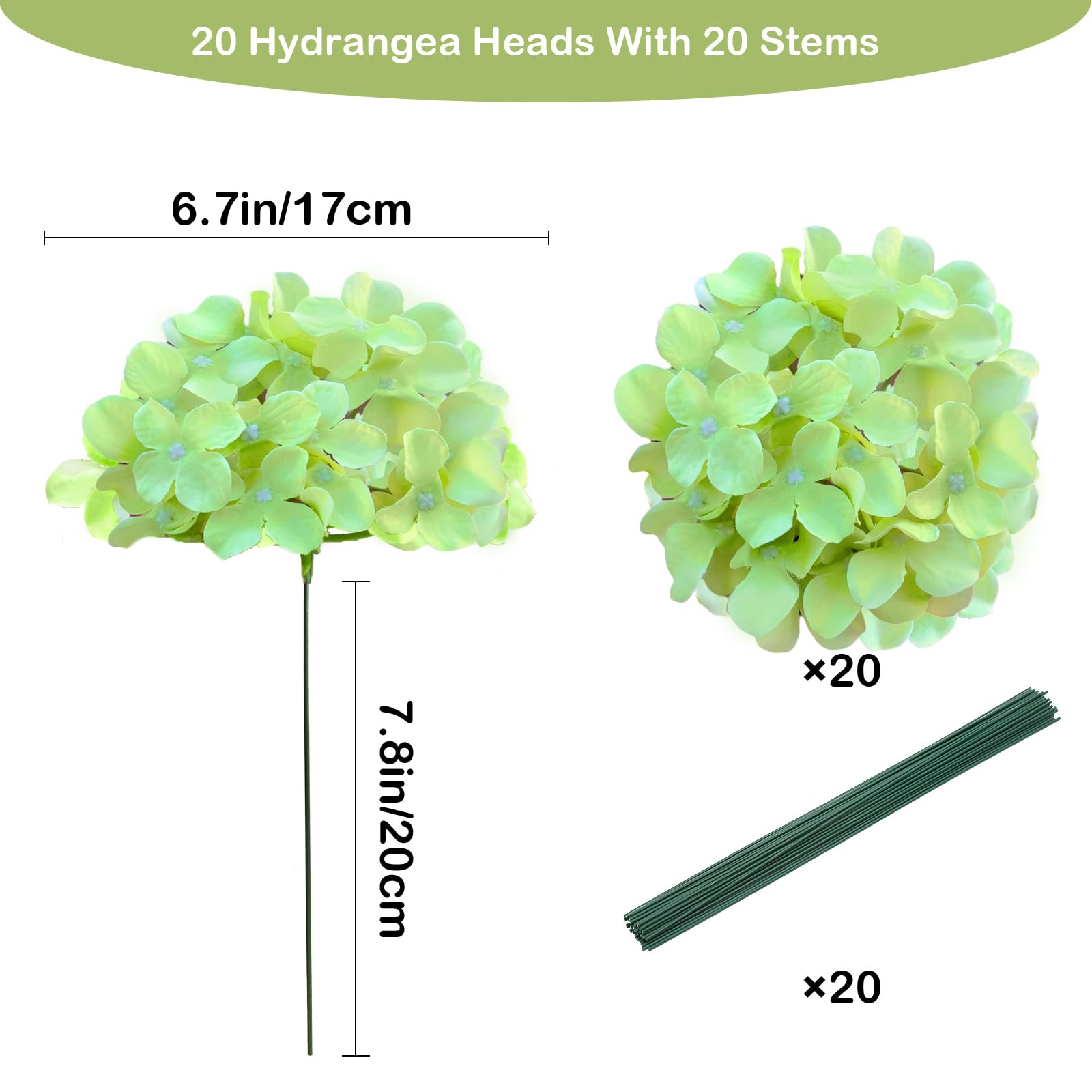 Cherica 20 Pcs Green Hydrangea Artificial Flowers Bulk, Faux Hydrangea Flowers Heads, Artificial Fake Silk Hydrangea Flowers Wit