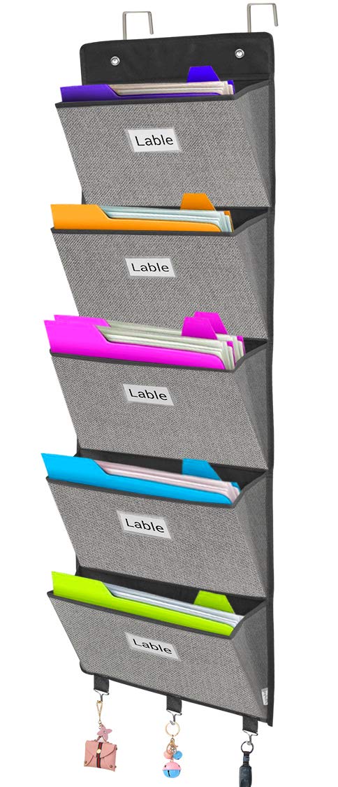 Homyfort Over The Door File Organizer, Wall Hanging File Folders With 5 Large Pocket For Mails, Magazines, Back To School Suppli