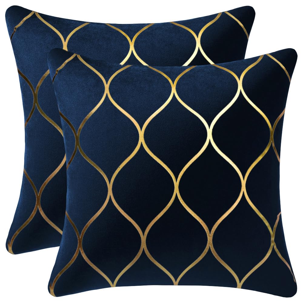 Dezene Gold Velvet Throw Pillow Covers Navy: 2 Pack 20X20 Inch Square Decorative Pillow Cases For Bedroom Sofa Couch Living Room