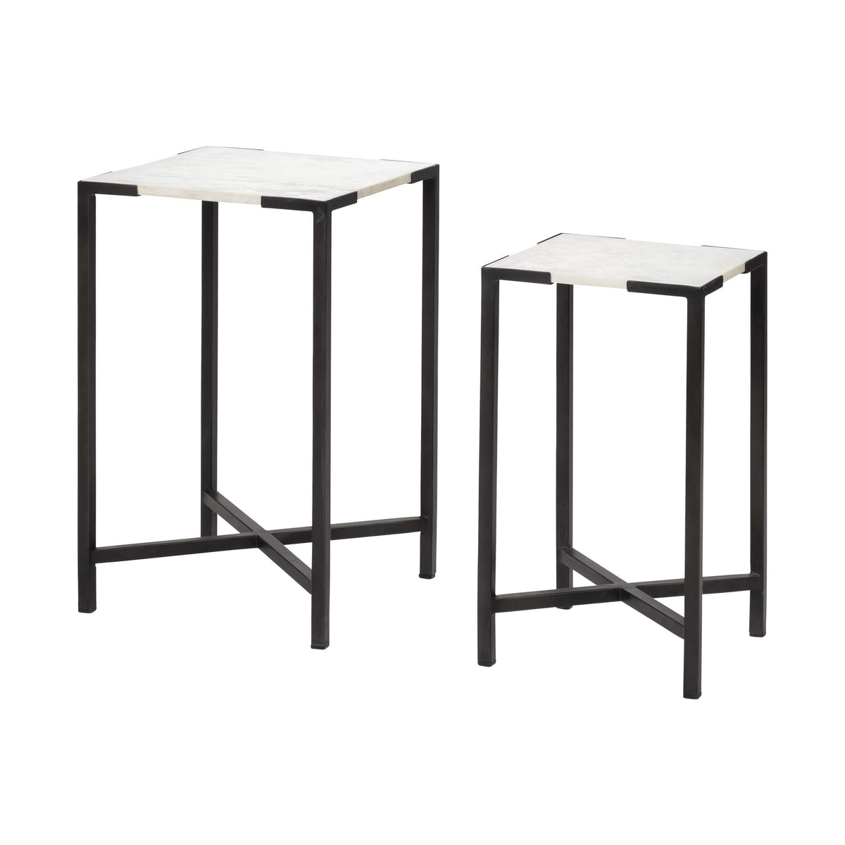 HomeRoots Metal Set of 2 White Marble Square Top Accent Tables with Black Iron Frame