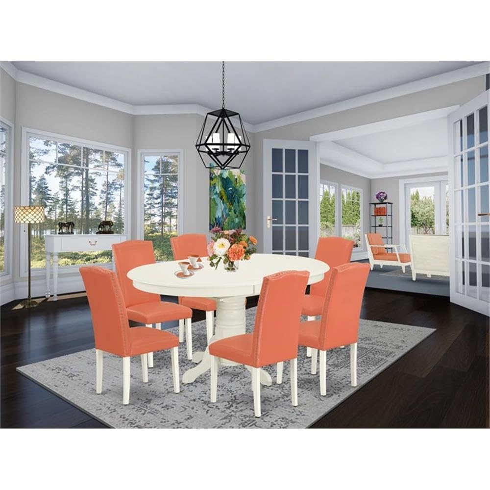 East West Furniture Aven7-Lwh-78 7 Piece Dinette Set Consist Of An Oval Dining Room Table With Butterfly Leaf And 6 Pink Flamingo Faux Leather Upholstered Chairs, 42X60 Inch, Linen White