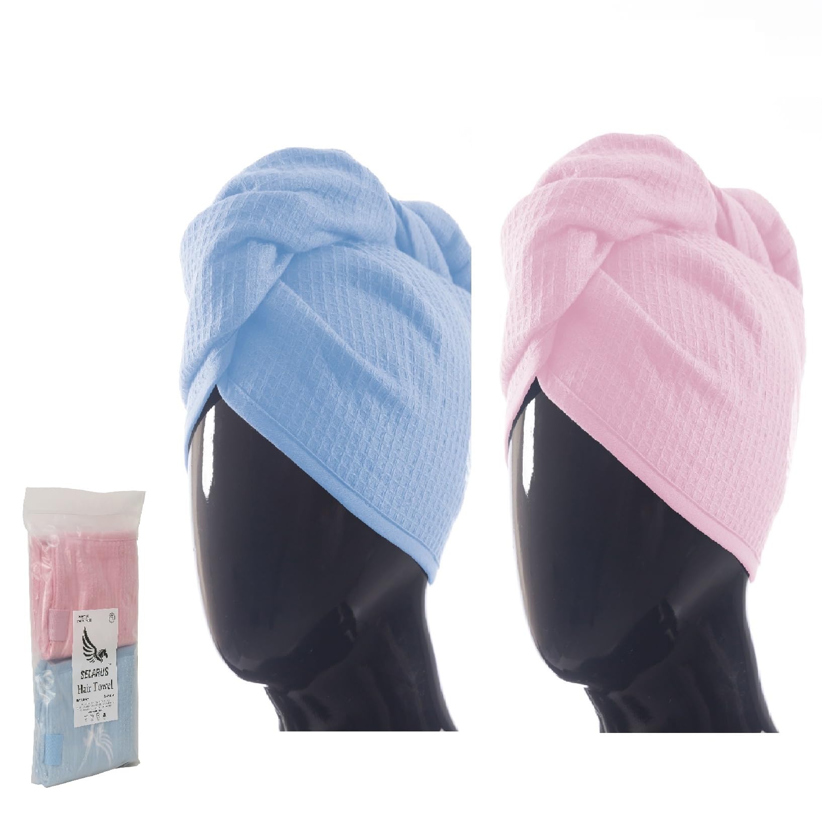 SELARUS 100% Turkish Cotton Hair Towel Wrap for Women,Non Microfiber,Super Absorbent,AntiFrizz,Plopping Hair Drying Waffle Bath 