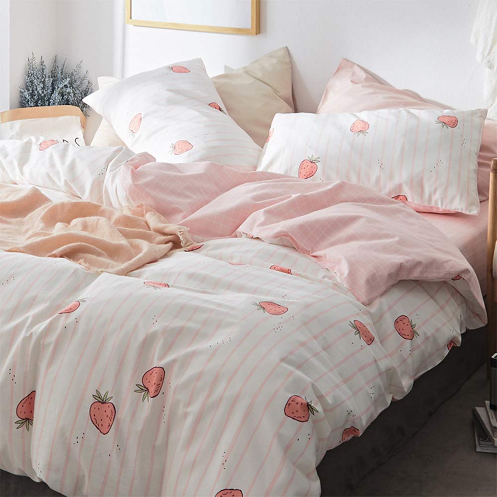 Lifetb Cute Strawberry Duvet Cover Full Size Soft Cotton Pink Strawberry Bedding Sets Cartoon Fruits Style Strawberry Comforter