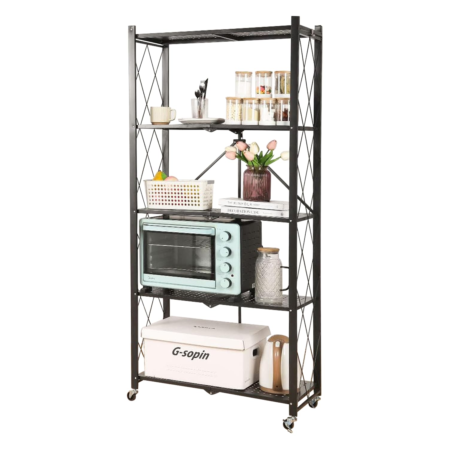 Bonkaso Foldable 5Tier Kitchen Storage Rack | HeavyDuty Metal Trolley Stand With Wheels | Movable & Multifunctional Shelf For 