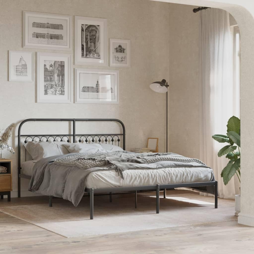 vidaXL Metal Bed Frame with Headboard - Black Steel, Double/Full Size, 59.1" x 78.7", Extra Storage Space, Sturdy and Durable, Ideal for Bedrooms