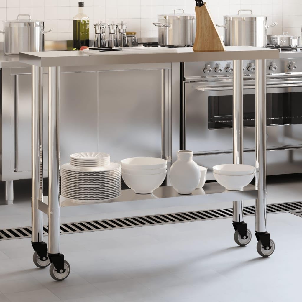 vidaXL Stainless Steel Kitchen Work Table on Wheels - 43.3x11.8x33.5 - Silver Rolling Prep Station for Commercial Use