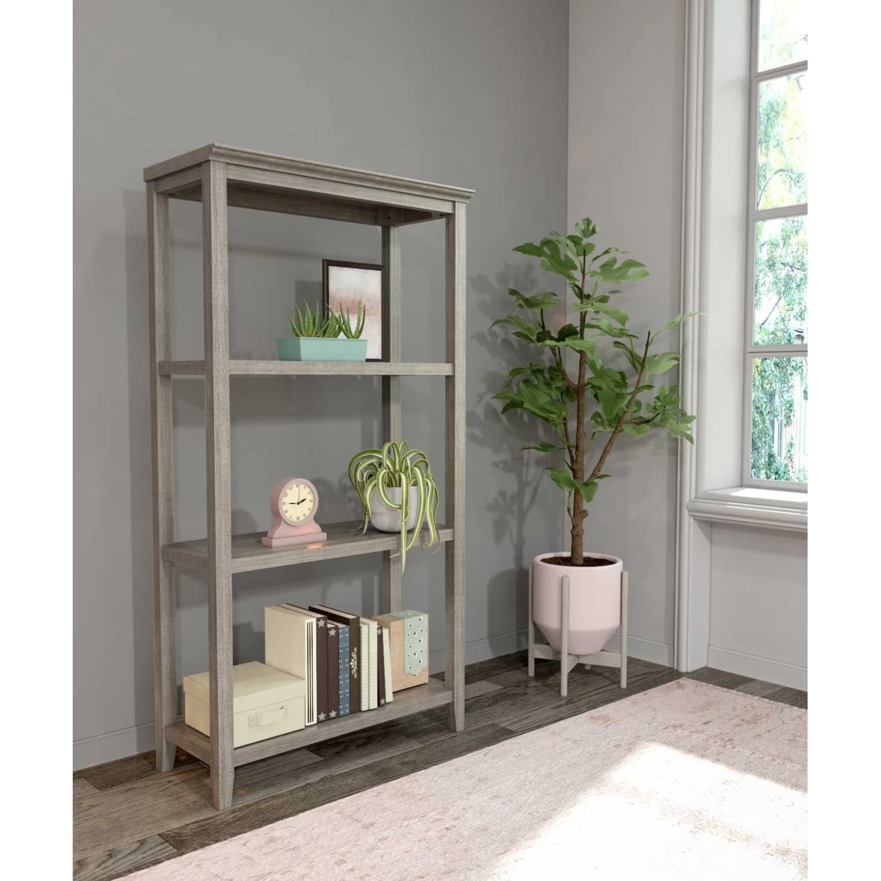 HomeRoots Pine and MDF 60' Bookcase with 2 Shelves in Washed Grey