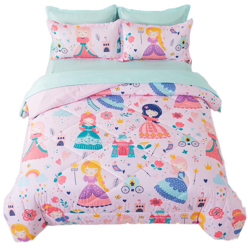 Adasmile A & S Kids Pink Princess Comforter Set Twin Size Girly Fairy Tales Castle Bedding Set For Girls Teens 5 Pieces Bed In B