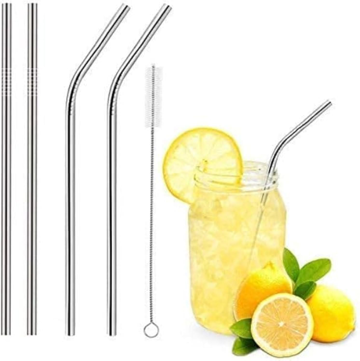 Damru Empire Reusable Stainless Steel Straws For Drinking With Brushes 8.5 Inches BpaFree Metal, Thick, Long (2 Bent + 2 Straig