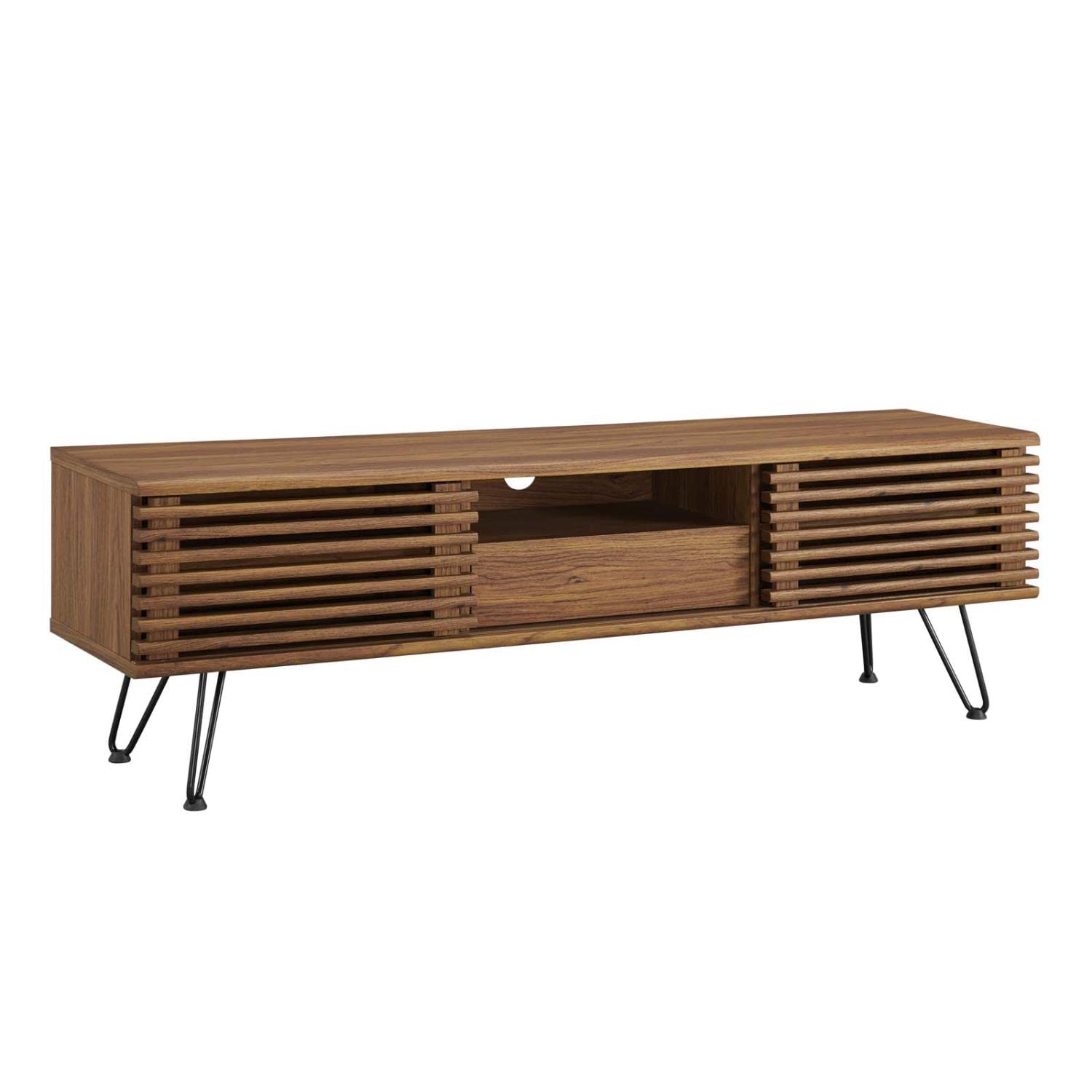 Modway Render Mid-Century Modern Low Profile 59 Inch TV Stand with Hairpin Legs in Walnut, 59&quot;
