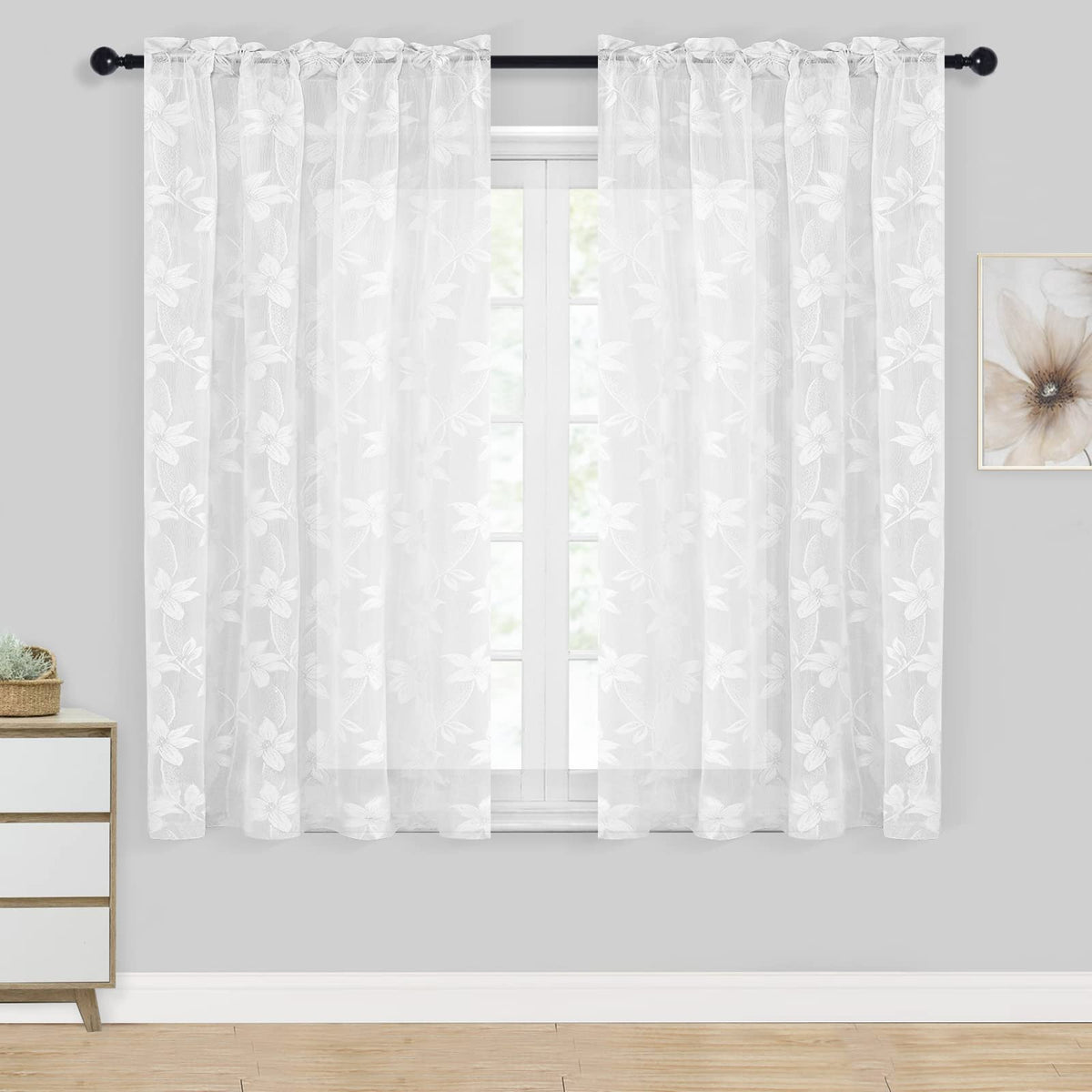 Dwcn White Sheer Curtains - Short Curtains Floral Lace Design Rod Pocket Window Voile Sheer Drapes For Bedroom Kitchen Small Win