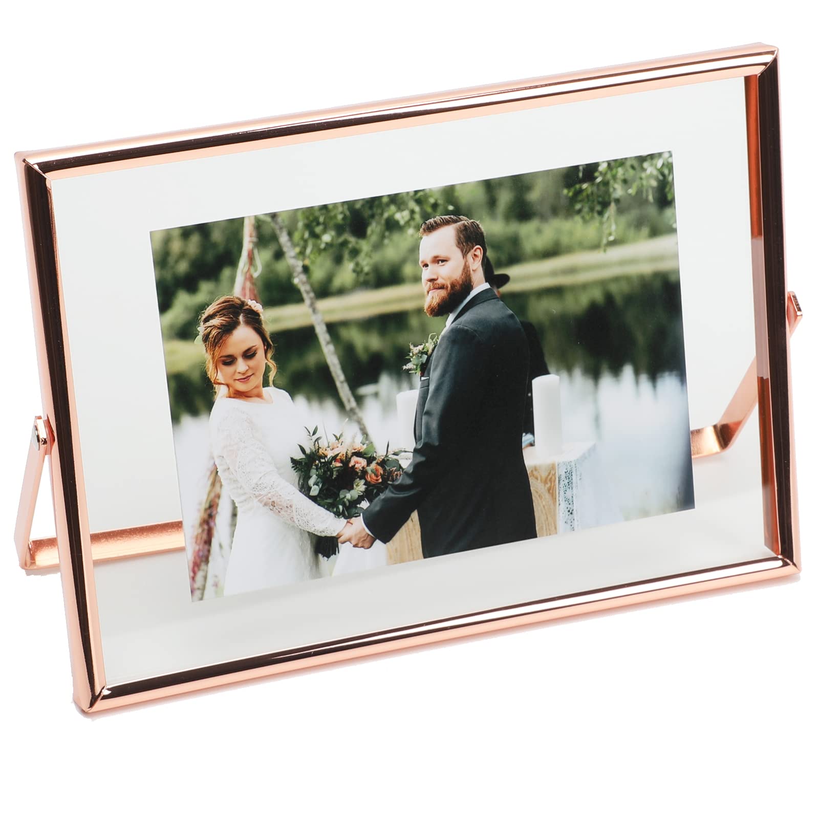 AhaGo Rose Gold Floating Frame (5x7   , Horizontal), For Picture Sizes 4x6, 3x5, 2x3, Tabletop Shelf Photo Frame, Home or Office